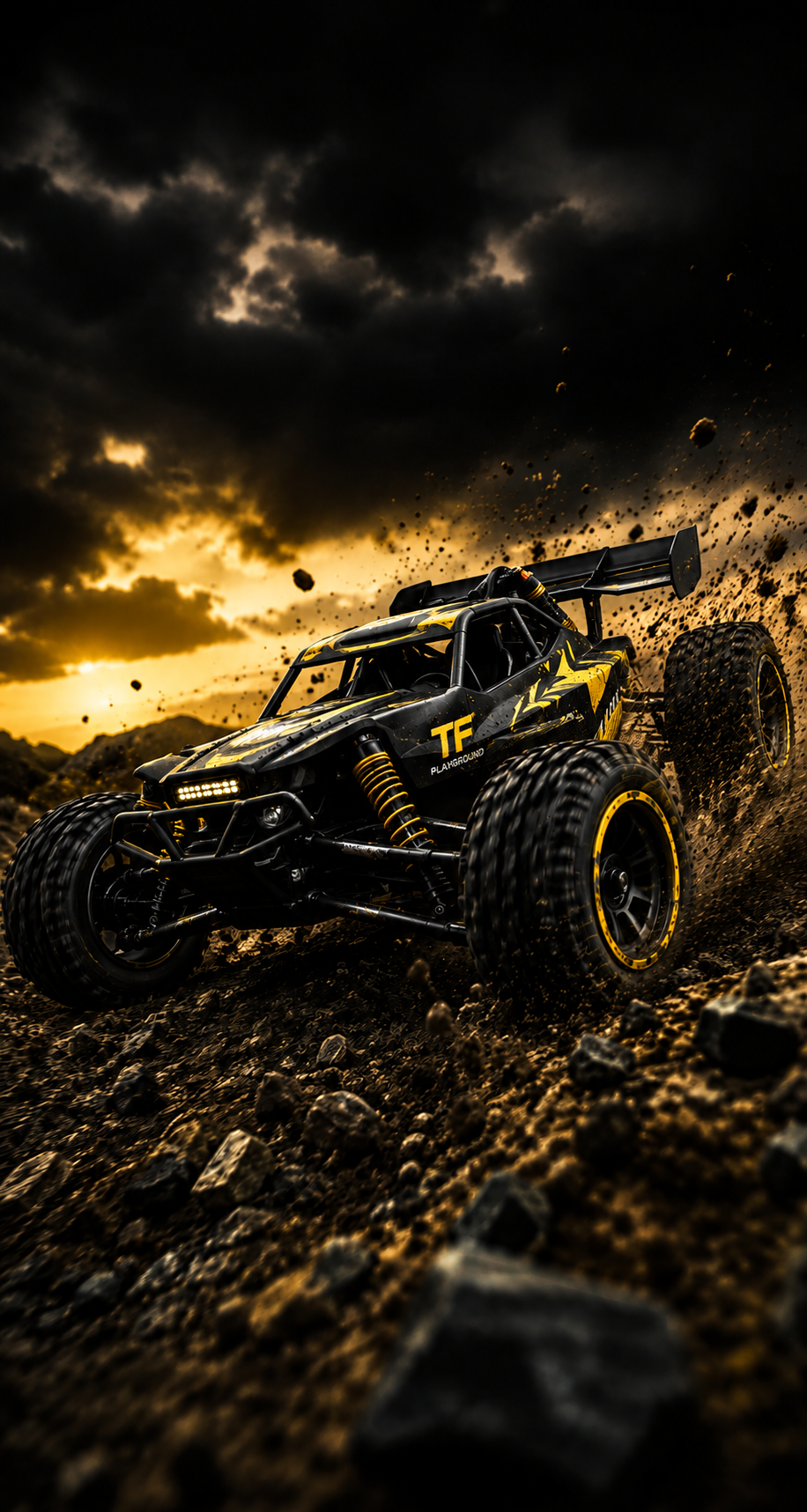 Black and yellow TF Playground off-road buggy driving through mud.