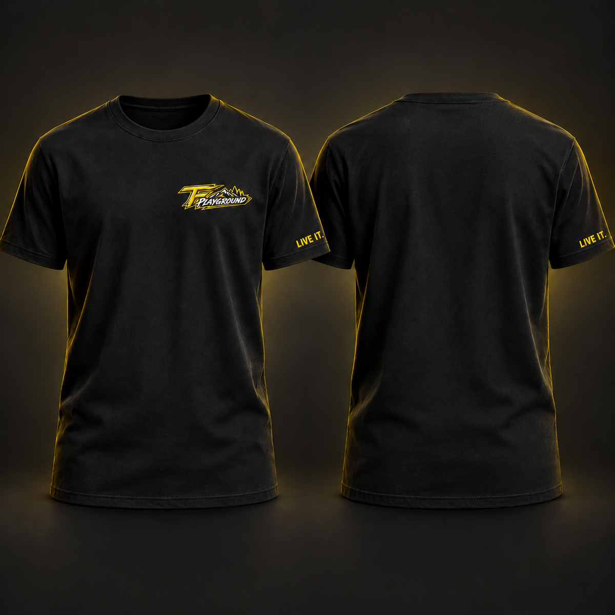 Front and back views of a black TF Playground Originals T-shirt with yellow branding.